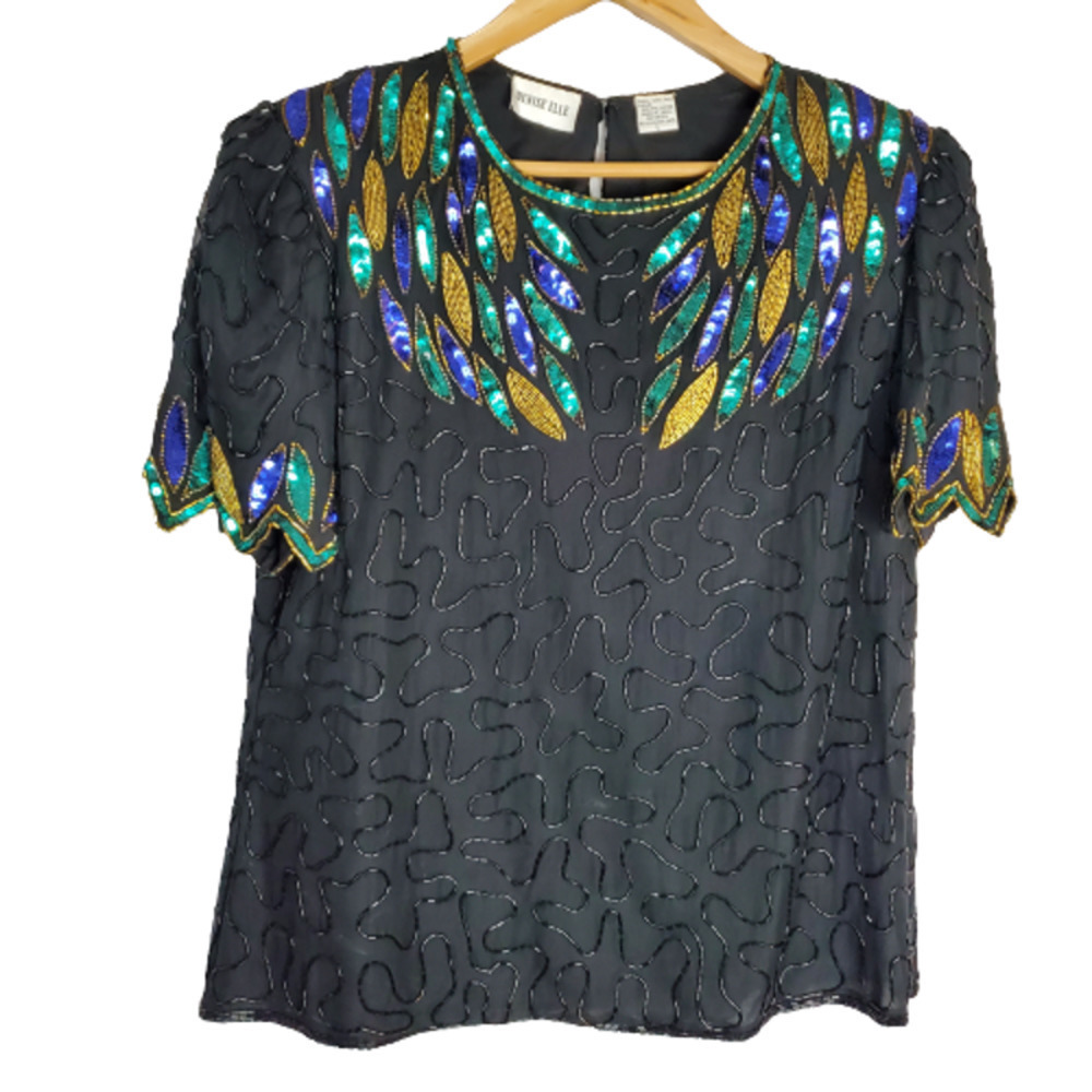 Vintage 80s Denise Elle Silk Beaded Sequins Black Peacock Evening Blouse Large
